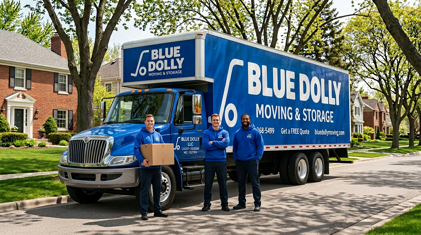Blue Dolly Moving crew with branded truck in a Twin Cities neighborhood