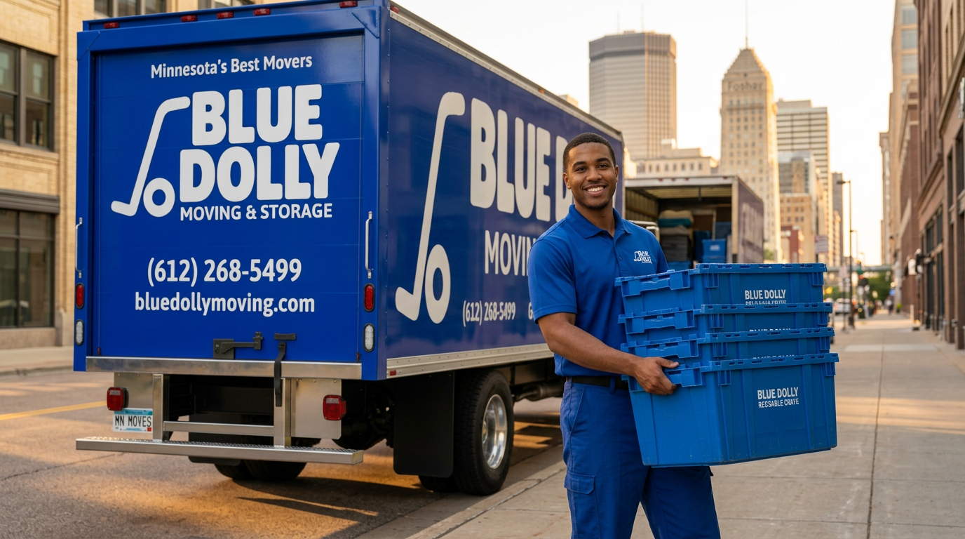 Blue Dolly uniformed mover carrying reusable storage crates next to branded truck in downtown Minneapolis