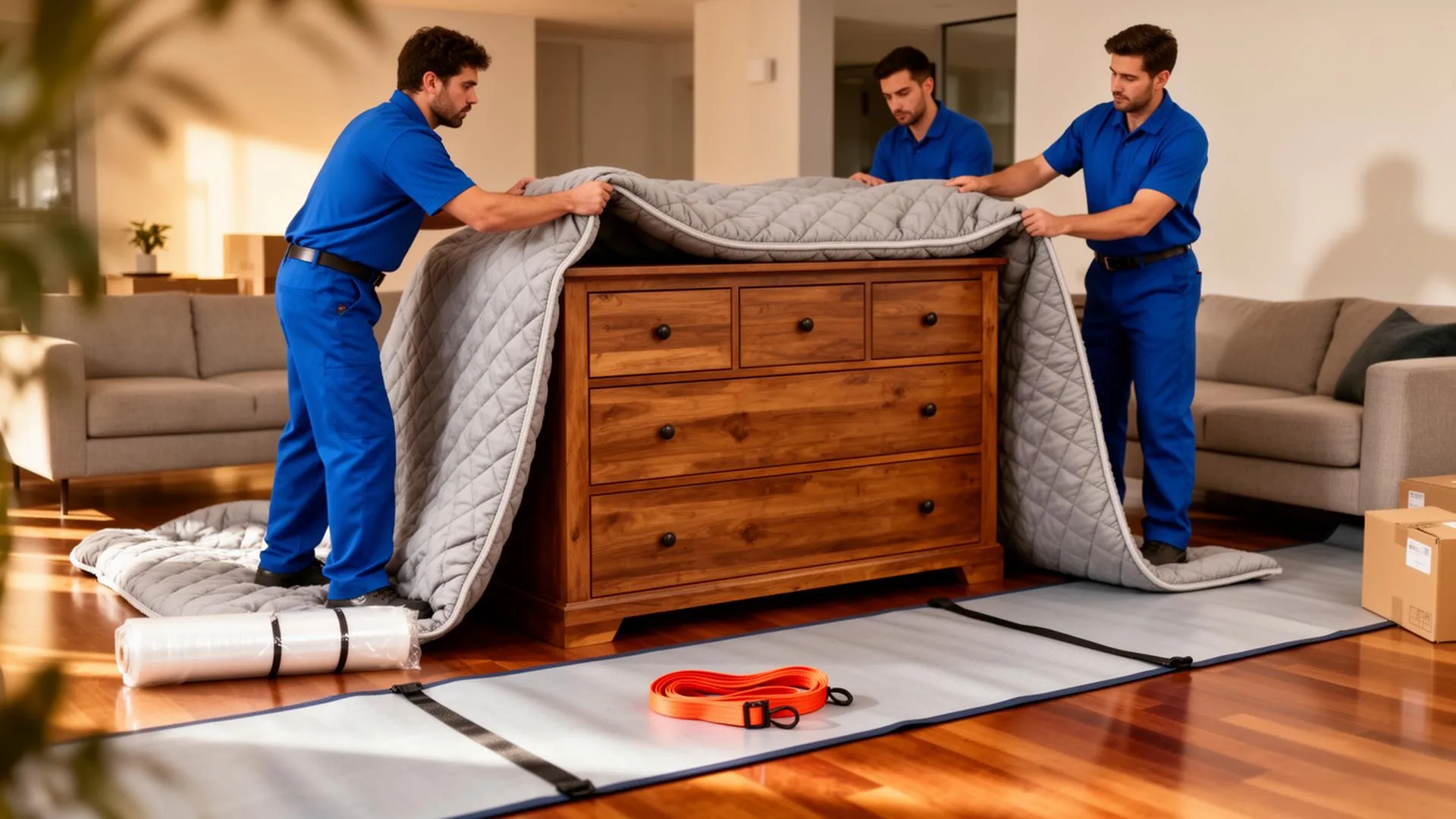 Blue Dolly movers wrapping furniture with moving pads