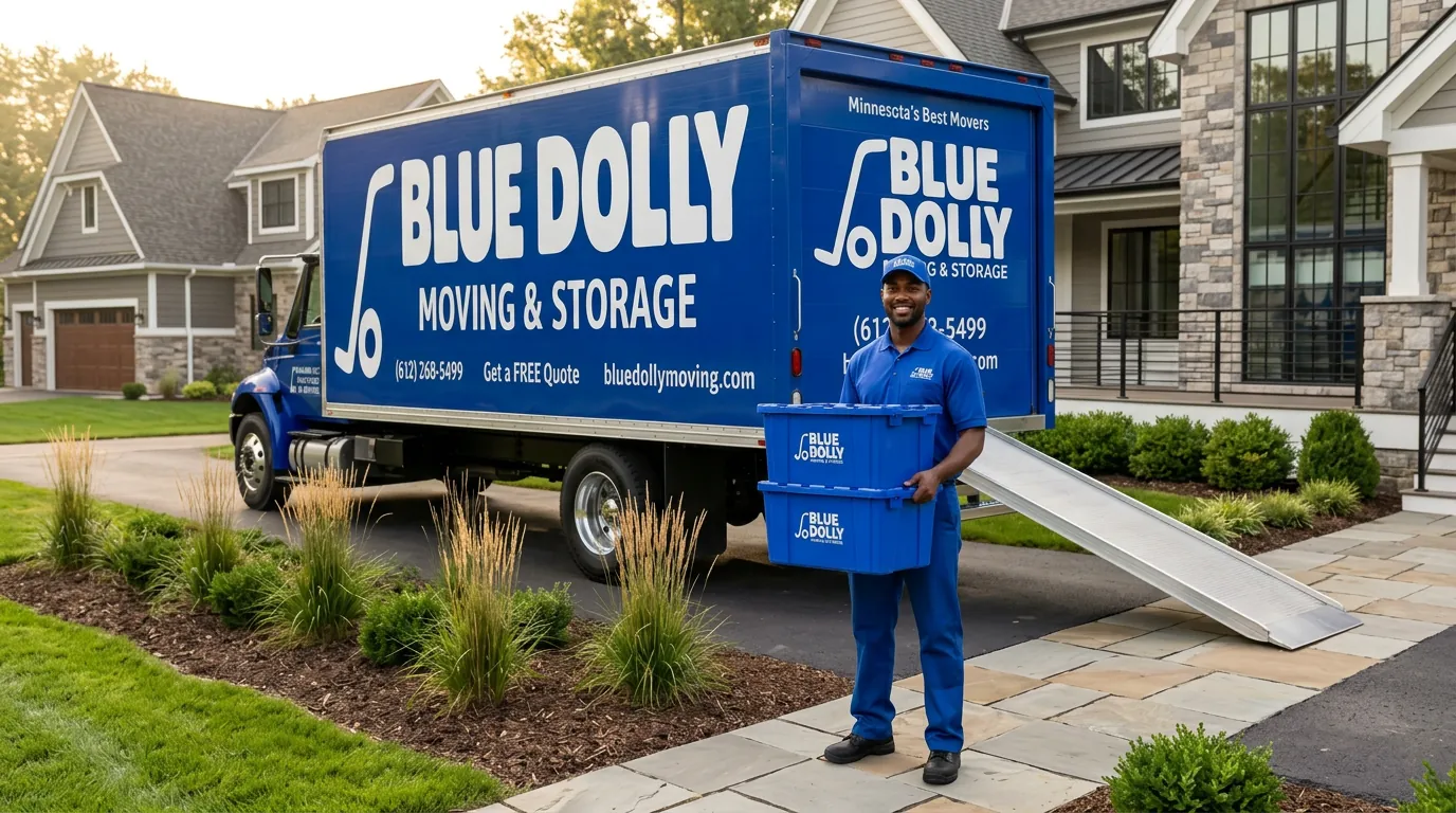 Blue Dolly mover with moving bins in a driveway