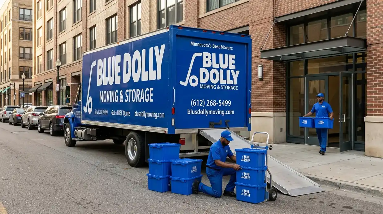 Blue Dolly truck loading in downtown Minneapolis
